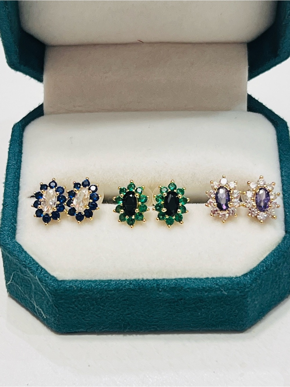Sterling silver Gold Plated  Floral Cluster Earrings in Blue, Green, and Purple